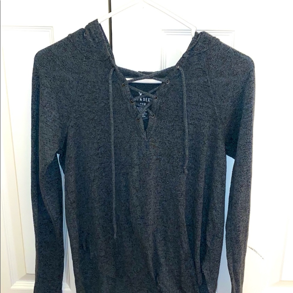 AE Green/Grey Hoodie Sweater with a Tie Front